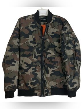 M. Society Men’s Camo Bomber Windbreaker Jacket Size M Orange Lining Full Zip